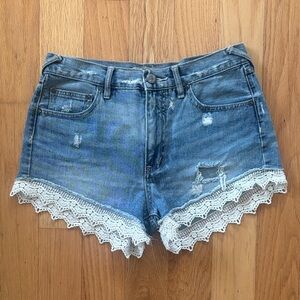 Free People Blue Jean Shorts with White Lace Trim